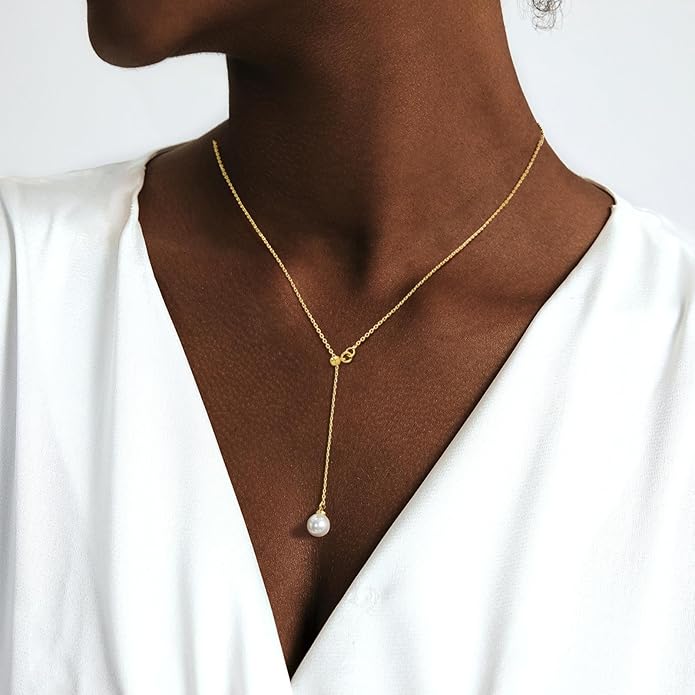 Luxval Lariat Gold Necklace for Women, Dainty Long Necklace 14k Gold Plated/Silver Y-Shaped Pendant Necklaces Trendy Beaded Chain Drop Necklaces Jewelry for Women Gifts
