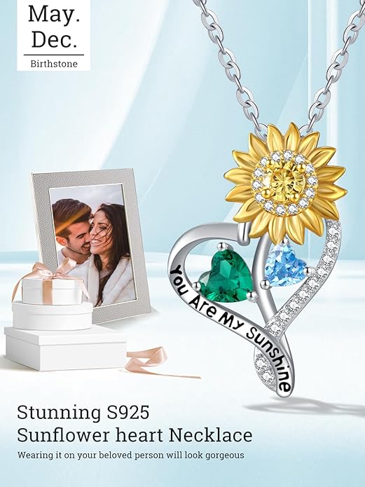 Zeuslia Double Birthstone Necklace Gifts for Wife - 925 Sterling Silver Sunflower/Rose/Crown Cross/Compass/Heart Pendant I Love You Necklace, Anniversary Birthday Gifts for Wife Girlfriend Mom Her