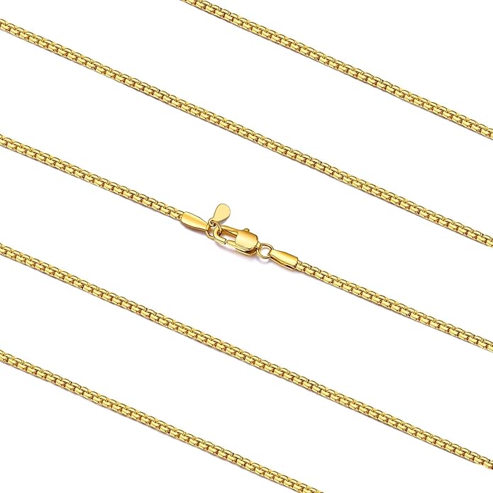 FaithHeart Mens Black/Silver/Gold Stainless Steel Flat Box Link Chain Necklace, Stylish 2/4/6/8mm Width Box Chains Necklaces for Men Non Tarnish Hip Hop Chain Jewelry Gifts,14"-30" Length