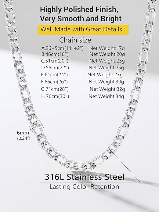 PROSTEEL 316L Stainless Steel Figaro Cuban Chain Necklace for Men, Black/18K Real Gold Plated, 4/5/6/7.5/9/10/13mm, 14inch-30inch, Come with Box