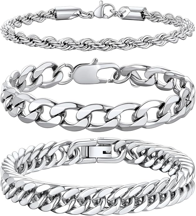 Richsteel 2PCS/3PCS Bracelets Chain for Men Women Stainless Steel Silver/Gold/Black Cuban/Rope Link Chain Bracelets Set, 7.4/8.2/9 Inch Hand Chain Length for Men Women Jewelry