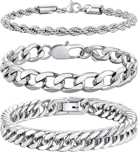 Richsteel 2PCS/3PCS Bracelets Chain for Men Women Stainless Steel Silver/Gold/Black Cuban/Rope Link Chain Bracelets Set, 7.4/8.2/9 Inch Hand Chain Length for Men Women Jewelry