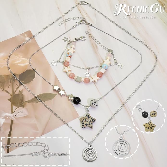 Multilayer Y2k Star Necklace Fairy Grunge Bracelets Set Handmade Fairycore Grunge Jewelry Gothic Swirl Star Necklace Punk Rock Roll Music Guitar Grunge Accessories for Women Men