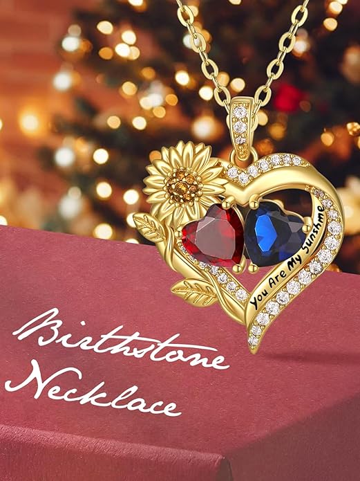 Sunflower Heart Necklace for Women 14K Gold Exquisite Anniversary Birthday Gifts for Wife Mother Her Double Birthstone Pendant jewelry‘You Are My Sunshine’
