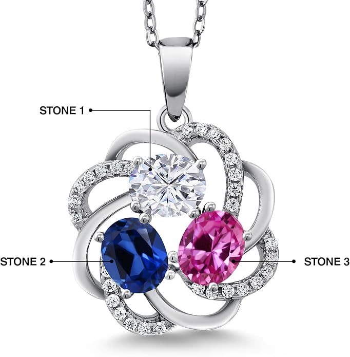 Customized Personalized Women's Necklace with 3 Gemstone Birthstone | 925 Silver Jewelry for Mom Wife Grandma Sister Friend | 18 Inch Chain | Anniversary Birthday Mother’s Day Christmas Valentine's