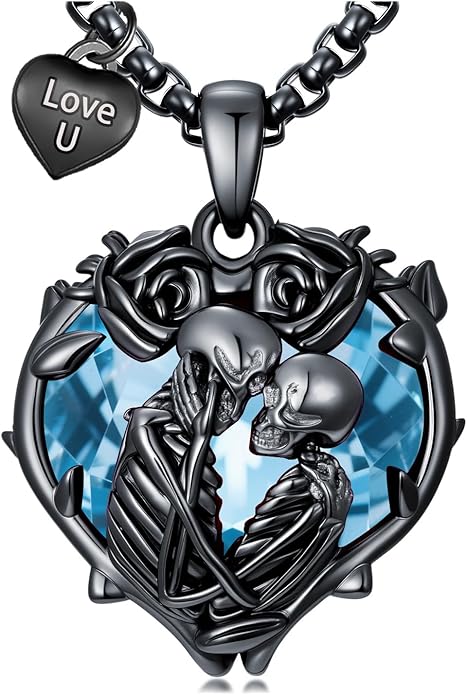 Flpruy 925 Sterling Silver Black Gothic Jewelry Gifts Skeleton Couple Pendant Crystal Birthstone Heart Necklace Punk Romantic Jewelry for Lover Men Women