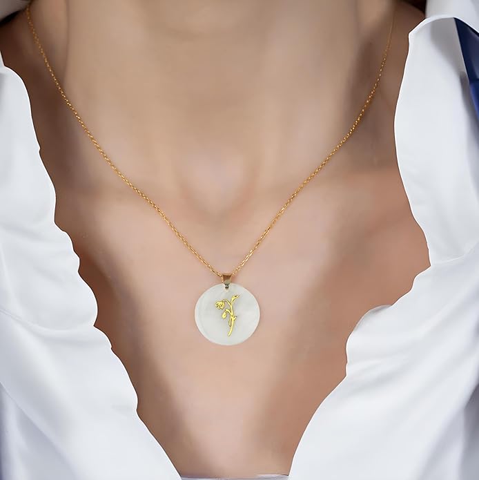 ONTHOLOGIE Birth Month Flower Necklace on Natural Mother of Pearl, 925K Sterling Silver Pendant Birth Flower Necklace, Personalized Birth Month Jewelry, Meaningful Gift for Women