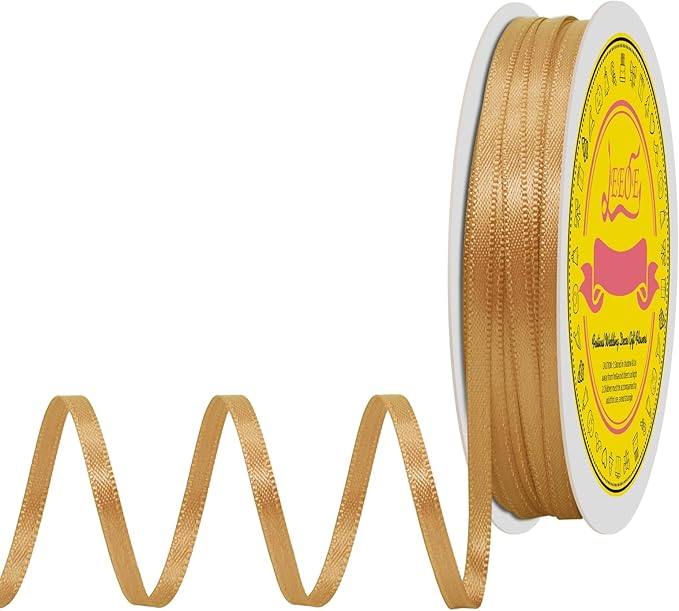 LEEQE Double Face Old Gold Satin Thin Ribbon 1/8 inch X 50 Yards Polyester Old Gold Ribbon for Gift Wrapping Very Suitable for Weddings Party Hair Bow Invitation Decorations and More