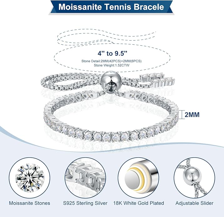Moissanite Tennis Bracelet 1.52ct-7.76ct Adjustable Bracelet for Women 18K White Gold Plated S925 Sterling Silver Tennis Bracelet D Color VVS1 Round Cut 2/3/4mm Moissanite Bracelet Gifts for Wife/Mom