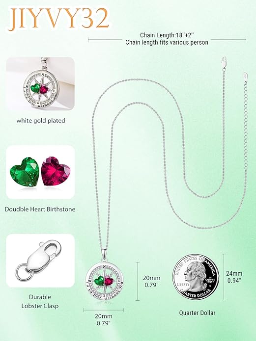 Compass Birthstones Necklace for Women, Exquisite Anniversary Birthday Gifts for Wife Her Double Birthstone Pendant jewelry ‘I'd be Lost Without You’