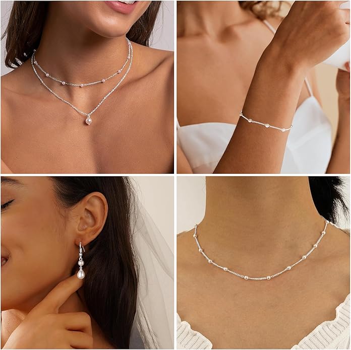 DIBOLA Gold Jewelry Set for Women, Dainty Layered 14K Gold/Silver Pearl Choker Necklaces and Earring Set Pearl Earrings Bracelets Wedding Bride Jewelry