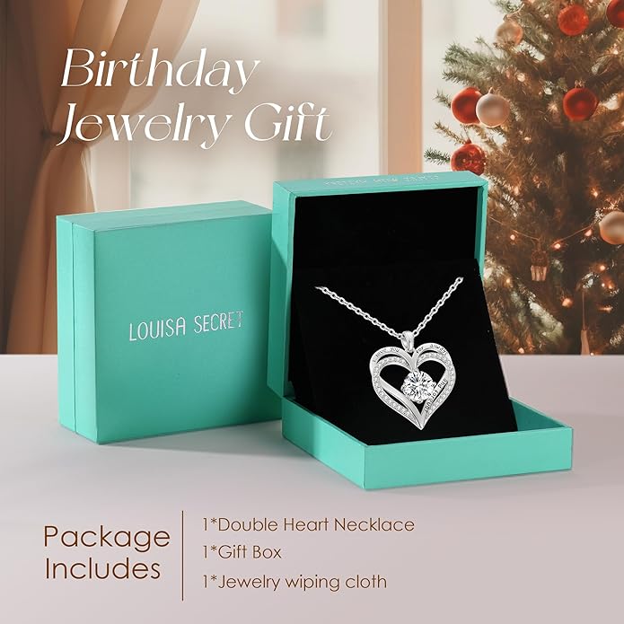 LOUISA SECRET Love Heart Birthstone Necklaces for Women, Birthday Gift for Girlfriend, Anniversary Jewelry Gift for Wife Her, 925 Sterling Silver Women Pendant Necklace, Mother's Day Christams Gift