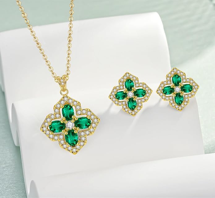 VONSSY Four Leaf Clover Necklace Earrings Shamrock Irish ST Patricks Jewelry Set Gift Green Emerald Zircon Crystal Stud 18k Gold Plated Chain Saint Pendant for Woman Wife Girlfriend