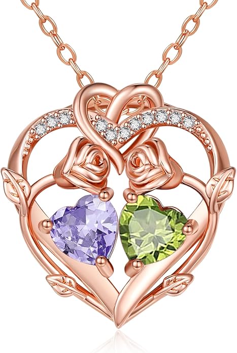 Rose Gold Necklaces for Women Double Birthstone Rose Flower Heart Pendant Necklace Jewelry Anniversary Christmas Valentine's Mother's Day Birthday Gift for Wife Mom Her Girlfriend Sister