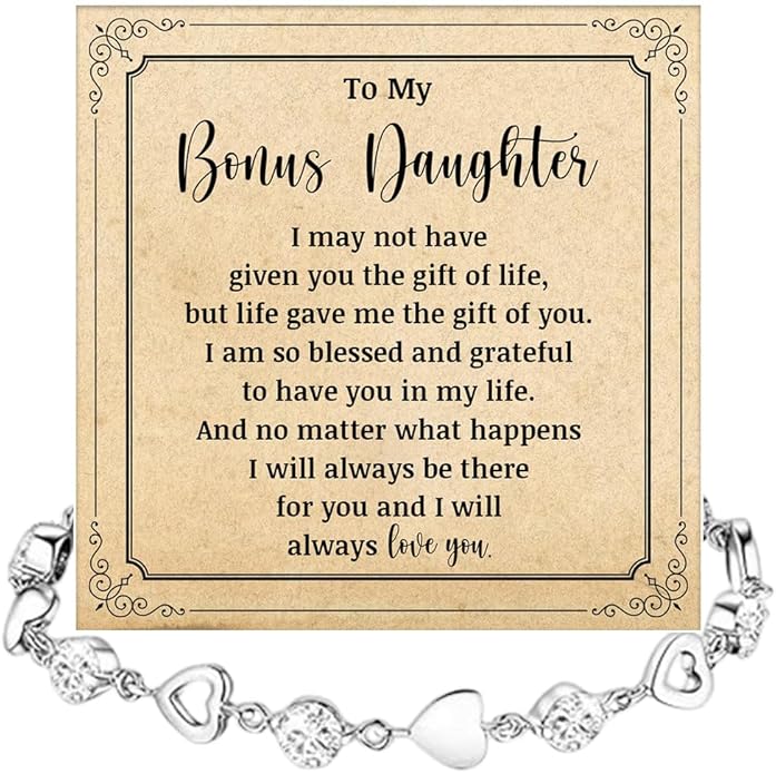 To My Bonus Daughter Heart Bracelet Gift, Beautiful Bonus Daughter Jewelry From Step Mom Dad With Message Card and Box Meaning, Christmas Graduation Birthday Gifts, To My Stepdaughter Bracelet