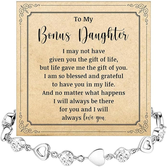 To My Bonus Daughter Heart Bracelet Gift, Beautiful Bonus Daughter Jewelry From Step Mom Dad With Message Card and Box Meaning, Christmas Graduation Birthday Gifts, To My Stepdaughter Bracelet