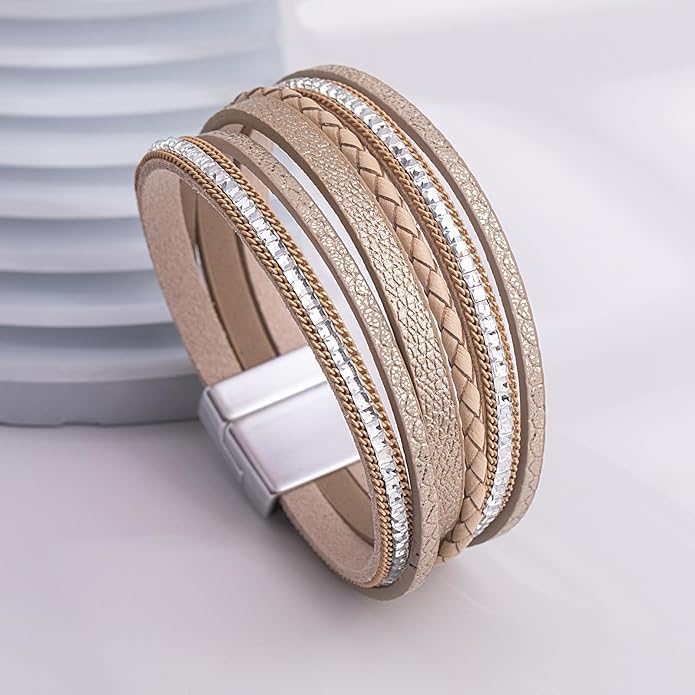 FANCY SHINY Boho Leather Wrap Bracelets Trendy Layered Bracelets with Magnetic Clasp Strackable Bohemian Jewelry Gifts for Women