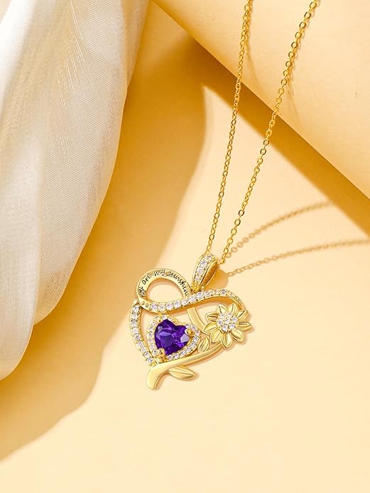 14K Gold Sunflower Heart Necklace for Women, You Are My Sunshine Jewelry with Birthstone Pendant, Anniversary Birthday Gifts for Her Wife Mom Grandma Daughter