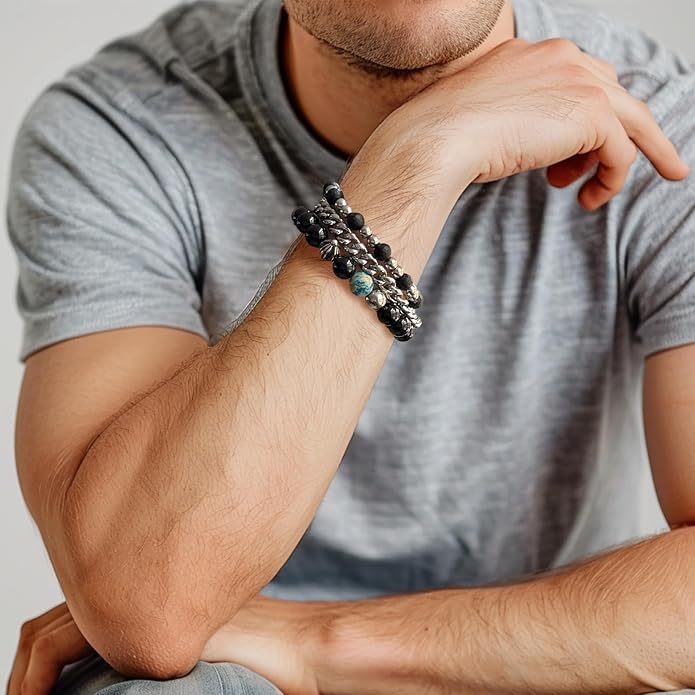 3pc Mens Beaded Bracelets Silver Stainless Steel Chain Bracelet for Men Handmade Braided Bracelet Sets Jewelry Gifts for Men