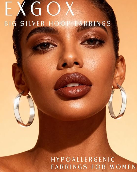 EXGOX 5mm Wide Gold Hoop Earrings for Women,Sterling Silver Hoop Earrings Large Silver Hoop Earrings Hypoallergenic Lightweight 14K Real Gold Plated Big Hoop Earrings for Women 30/40/50/60/70mm