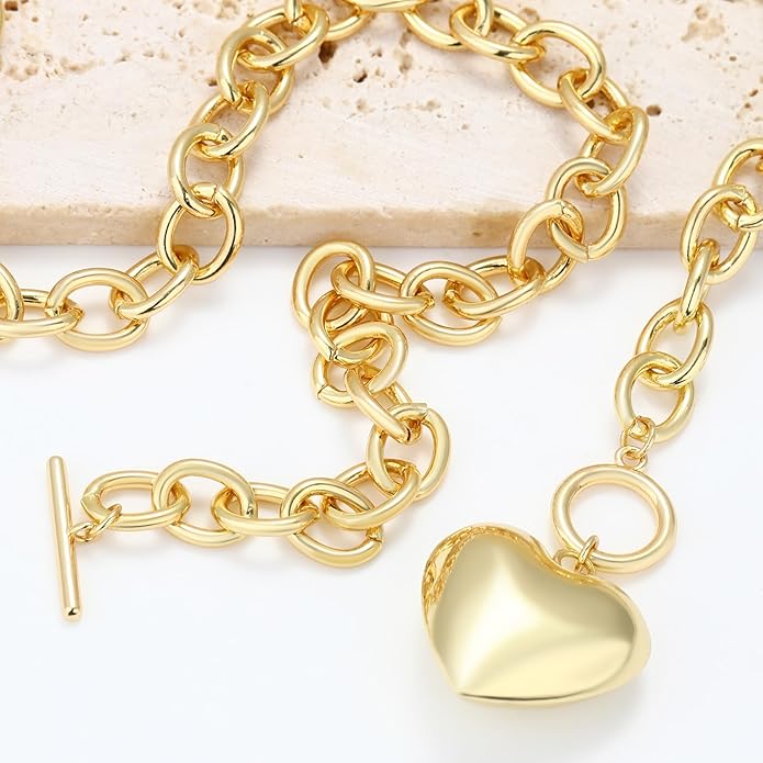 Chunky Gold Necklace for Women, 18K Waterproof Heart Necklace Statement Necklace Gold Charm Necklace Chunky Jewelry Paperclip Chain Choker Gift for Women