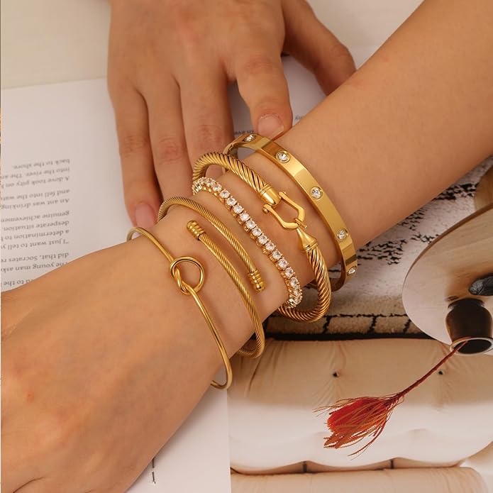 FAFUGA 18 K Gold Plated Love Bangle Bracelet Stack Cuff Jewelry for Women Jewelry Set for Women Gift with Box