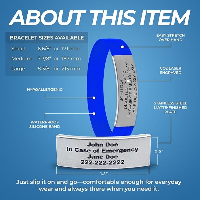 Personalized Medical Alert Bracelet for Men & Women – Custom Engraved Waterproof Silicone Wristband with Stainless Steel ID Plate – Medical ID Bracelet for Allergies, Conditions, ICE Info & Emergency Card