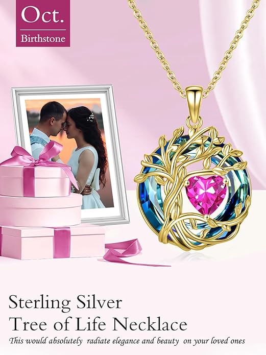 TOUPOP Christmas Gifts Tree of Life Birthstone Necklace 925 Sterling Silver Pendant Austrian Crystal Jewelry Anniversary Birthday Gifts for Women Mom Her Wife