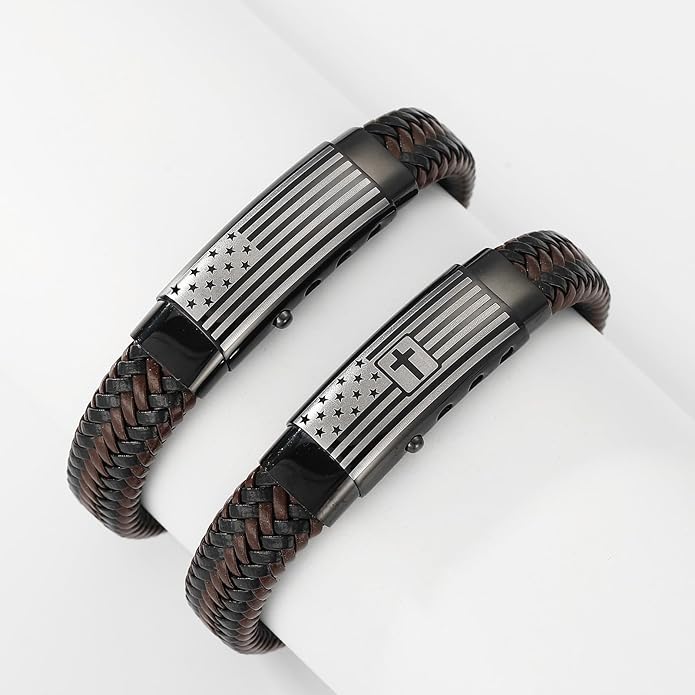 American Flag Leather Bracelet for Men Bible Verse Bracelets Cross Bracelet Christian Jewelry Gift for Men