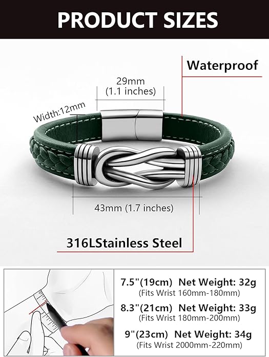 Mens Black Braided Leather Bracelet, Green/Red/Brown/Black Braided Leather Infinity Knot Bracelets for Men with Stainless Steel Clasp, 7.5/8.5/9in Length