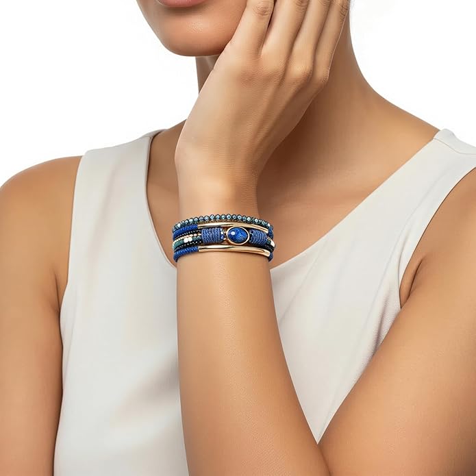 Edoneery Leather Wrap Bracelet for Women, Boho Handmade Multi-Layer Cuff with Crystal Beads Heart, Stackable Bangle Western Jewelry Gift