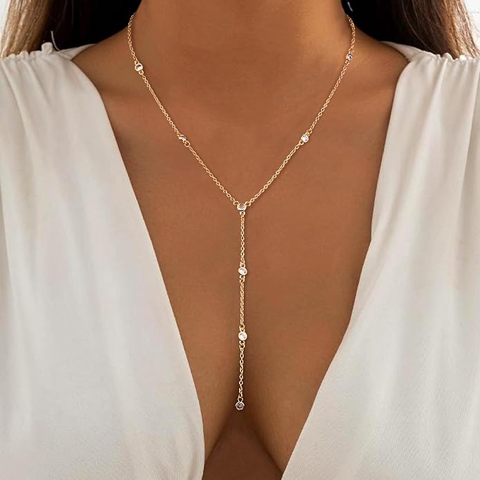 Dochais Dainty Gold Layered Necklace for Women, 14K Gold Plated Y Necklace & Chain, Dainty Lariat Long Necklaces, Trendy Cubic Zirconia Choker, Sun, Heart, Pearl & Cross Pendant Necklace, Jewelry Gift