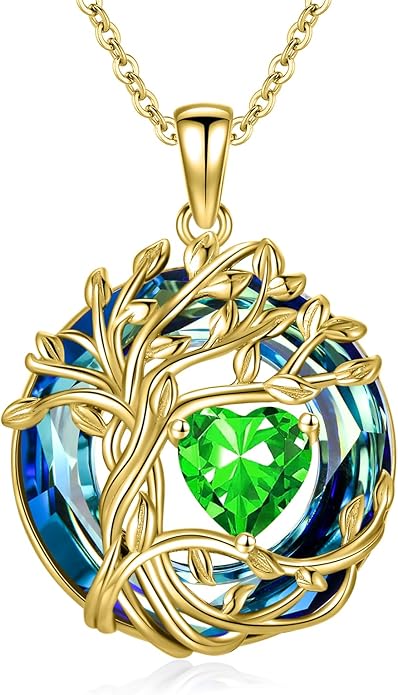 TOUPOP Christmas Gifts Tree of Life Birthstone Necklace 925 Sterling Silver Pendant Austrian Crystal Jewelry Anniversary Birthday Gifts for Women Mom Her Wife