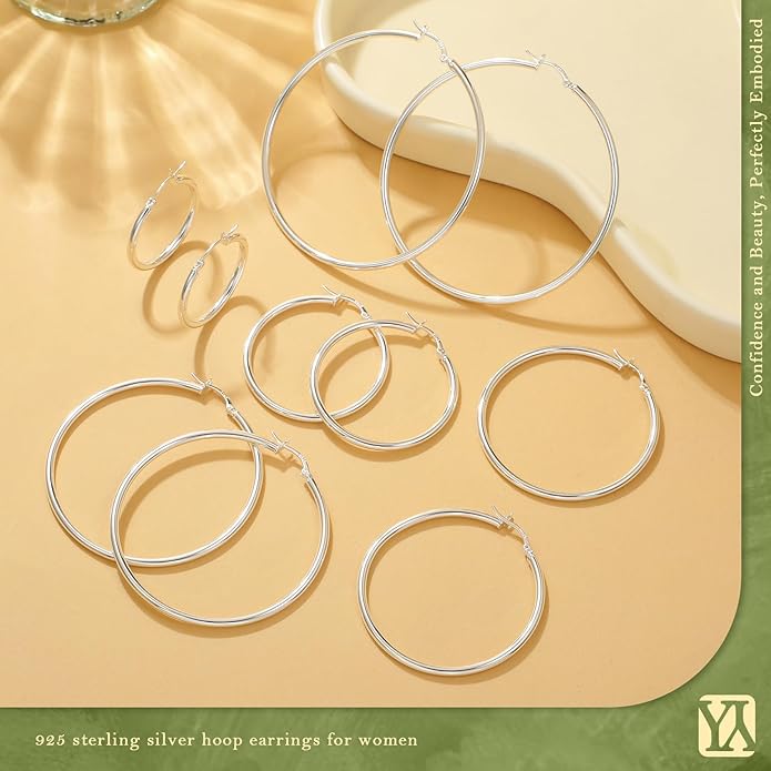 YOUNGYUE 925 Sterling Silver Hoop Earrings for Women Hypoallergenic Oversize 14K Gold Hoops Earrings for Women Thin Gold Plated Hoop earrings Lightweight Large Silver Hoop Earrings 30/40/50/60/70mm