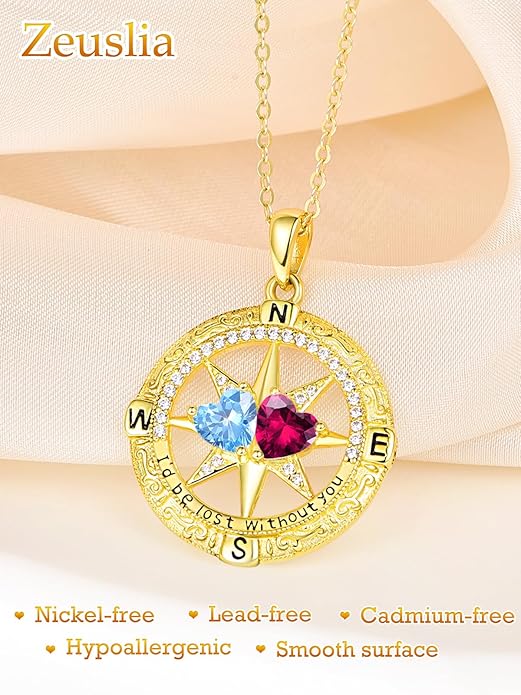 Zeuslia Double Birthstone Necklace Gifts for Wife - 925 Sterling Silver Sunflower/Rose/Crown Cross/Compass/Heart Pendant I Love You Necklace, Anniversary Birthday Gifts for Wife Girlfriend Mom Her