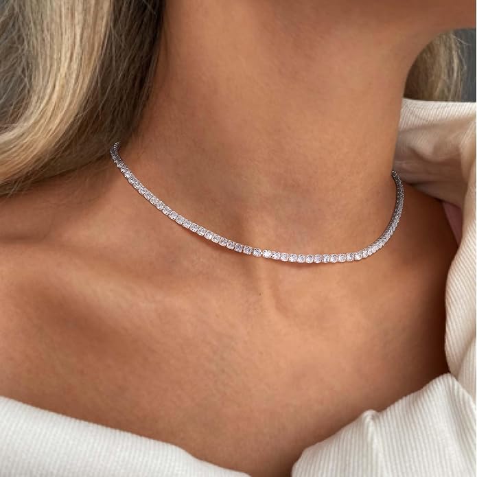 Tennis Necklace for Women, 14K Gold/Silver Plated Rhinestone Choker Necklaces for Women, Dainty Cubic Zirconia Cut Faux Diamond Chain