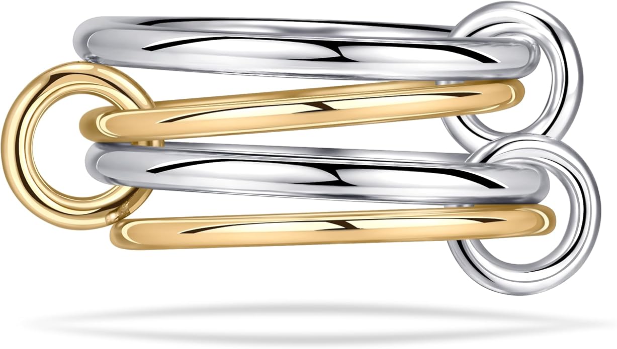 NOKMIT 14K Gold Plated 4 Interlocking Stackable Rings Set with CZ Cubic Zirconia Gold & Silver Mixed Metals Multi-Link Connected Statement Bands for Women Hypoallergenic Non Tarnish Jewelry Gifts