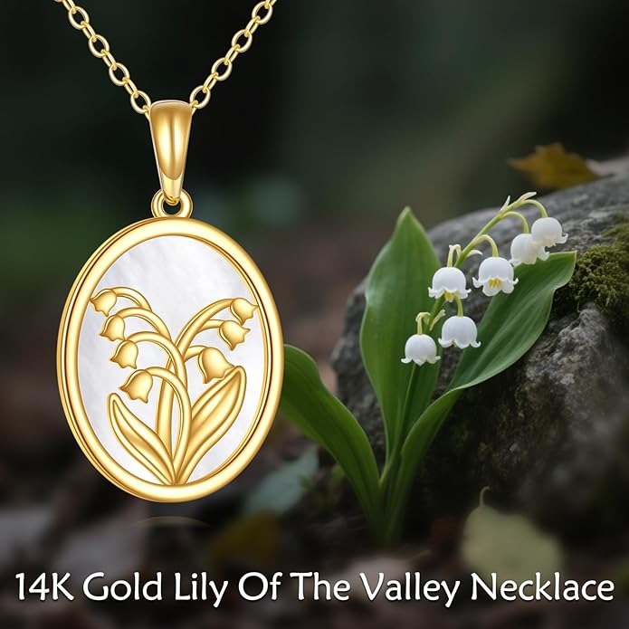 14K Gold Lily of the Valley Necklace with Mother of Pearl 14K Solid Gold Lily Pendant Elegant Flower Jewelry Gift for Women