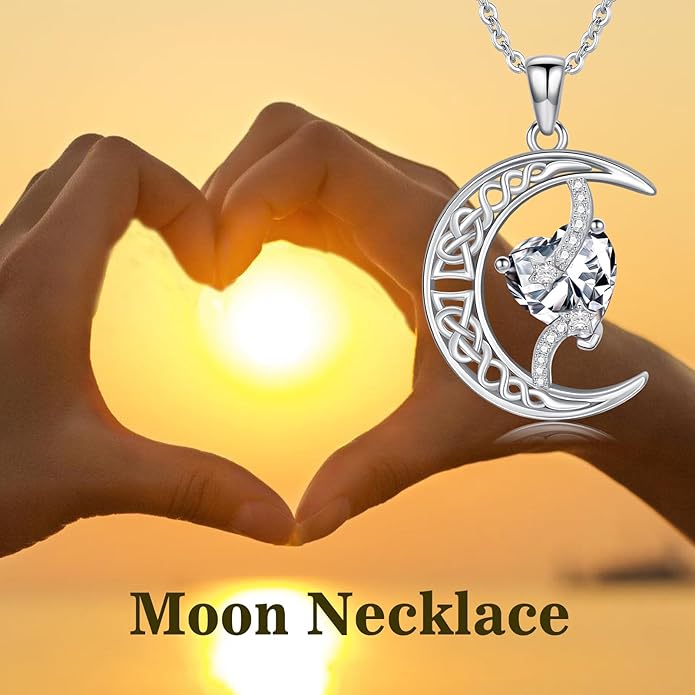 TOUPOP Moon and Star Birthstone Necklace for Women 925 Sterling Silver Celtic Moon Jewelry Birthday Christmas Gifts for Her Girlfriend