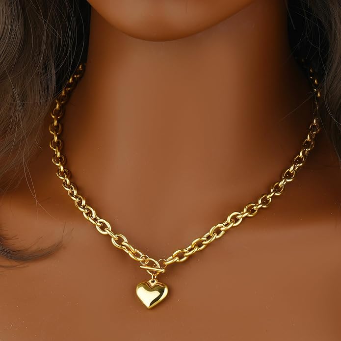 Chunky Gold Necklace for Women, 18K Waterproof Heart Necklace Statement Necklace Gold Charm Necklace Chunky Jewelry Paperclip Chain Choker Gift for Women