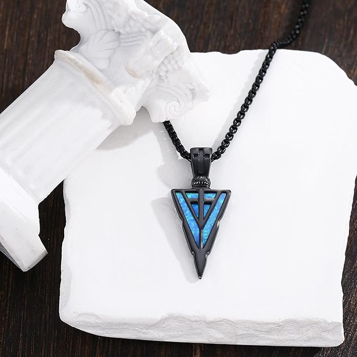 PCTJYFU Arrowhead Necklace 925 Sterling Silver for Women Men Pendant with Blue Opal/Abalone Shell/Turquoise Black Gold Plating Protective Symbol Jewelry Adjustable Chain Gift for Him Her