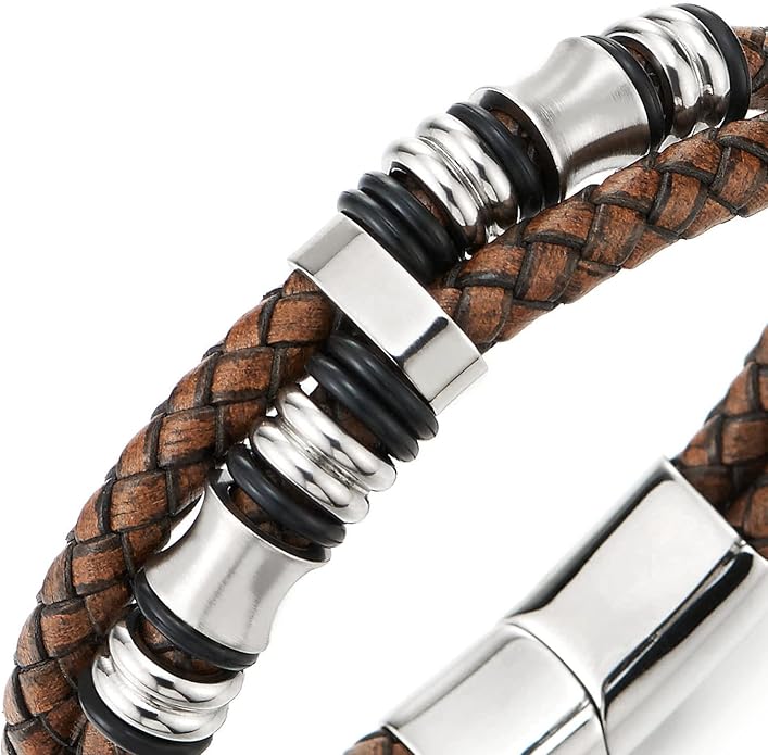 COOLSTEELANDBEYOND Mens Double-Row Braided Leather Bracelet Bangle Wristband with Stainless Steel Ornaments
