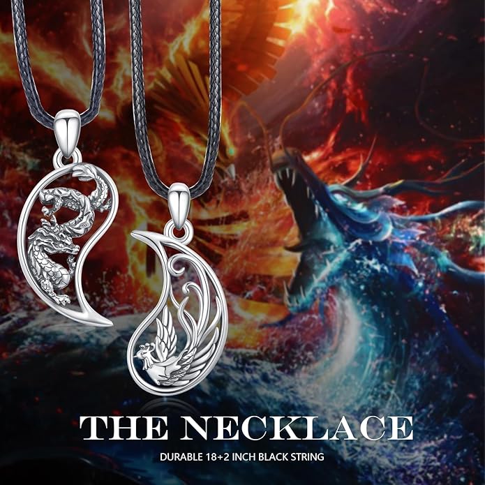 OHAYOO Dragon Phoenix Matching Necklace for Couples 925 Sterling Silver Yin Yang Pendant Necklaces for Couples Jewelry for Him and Her