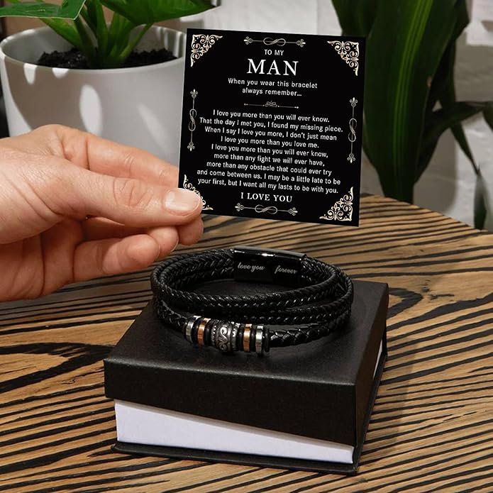 Mapileng To My Man – Braided Leather & Stainless Steel Bracelet with Heartfelt ‘Love You Forever’ - Elegant Gift Box Included, Gift from Girlfriend or Wife for Husband, Boyfriend, or Brother