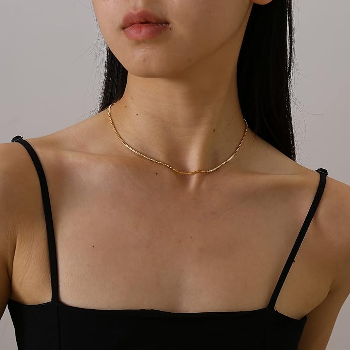 Dainty Chain Necklace for Women, 18K Gold Plated Coin Disc Choker Necklaces Simple Satellite Beaded Twisted Thin Paper Clip Chain Everyday Jewelry Gifts