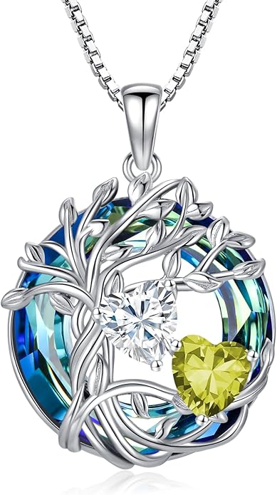 TOUPOP s925 Sterling Silver Family Celtic Tree of Life Pendant Necklaces with 2 Heart Birthstone with Blue Austrian Crystal Jewelry Birthday Anniversary Christmas Gifts for Her Wife Girlfriend Mom (18K Real White Gold Filled)