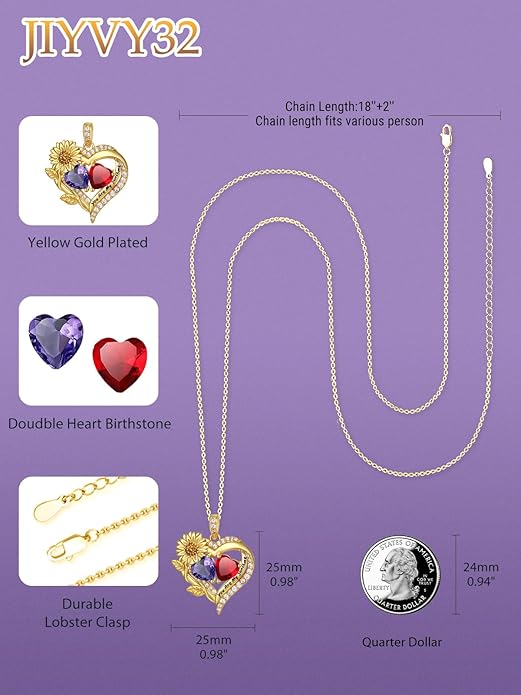 Sunflower Heart Necklace for Women 14K Gold Exquisite Anniversary Birthday Gifts for Wife Mother Her Double Birthstone Pendant jewelry‘You Are My Sunshine’