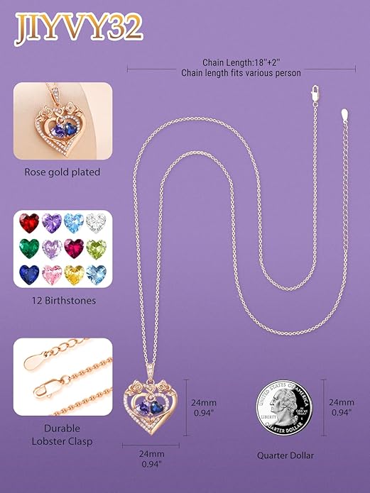 JIYVY32 Rose Heart Necklace for Women Exquisite 925 Sterling Silver Anniversary Birthday Gifts for Wife Mom Her Double Birthstone Pendant Jewelry