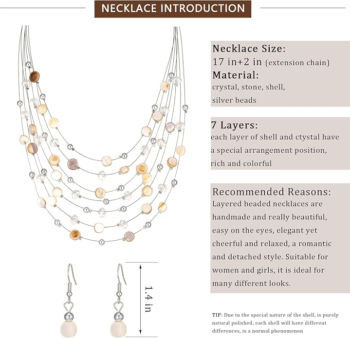 Multi-Layer Boho Shell Beaded Necklace for Women Colorful Crystal Strand with Silver Beads Statement Collars Necklace and Earrings Costumes Jewelry Sets for Women
