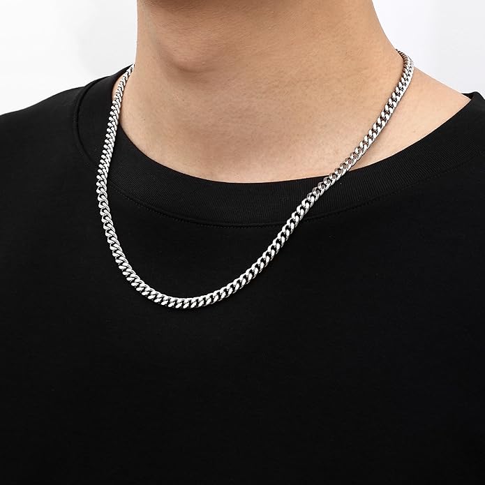 Fiusem Valentines Day Gifts for Him Silver Tone/Black/14K Gold Plated Chain Necklace for Men, 5mm/6mm/7.5mm/8mm/9mm Stainless Steel Cuban Link Chain Necklace, Men's Chains 18-28 Inch Jewelry Gifts